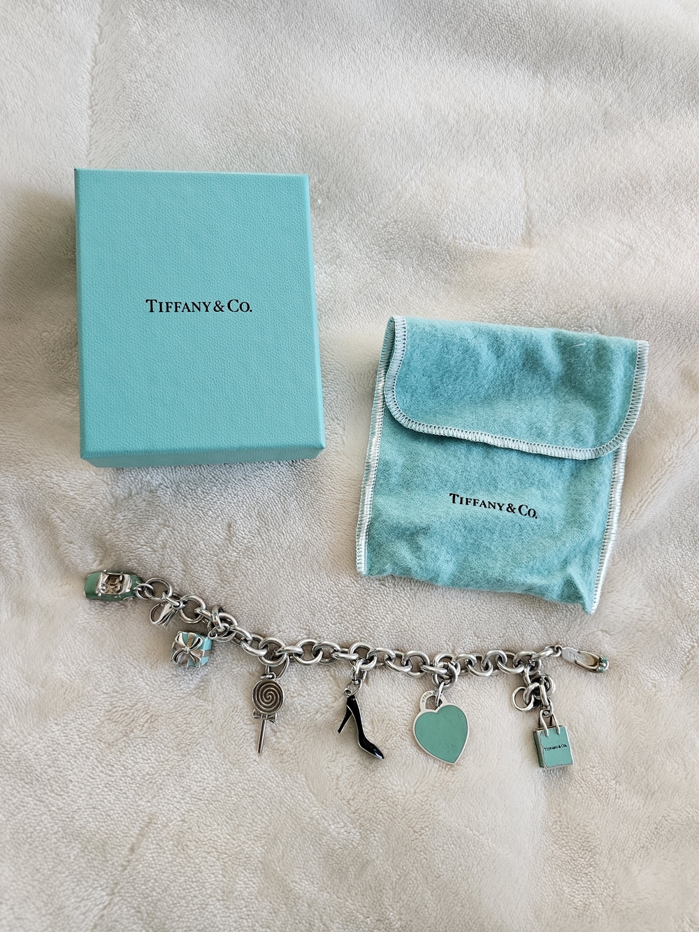 Tiffany & Co. Sterling Silver Charm Bracelet with Tiffany Blue Enamel Charms